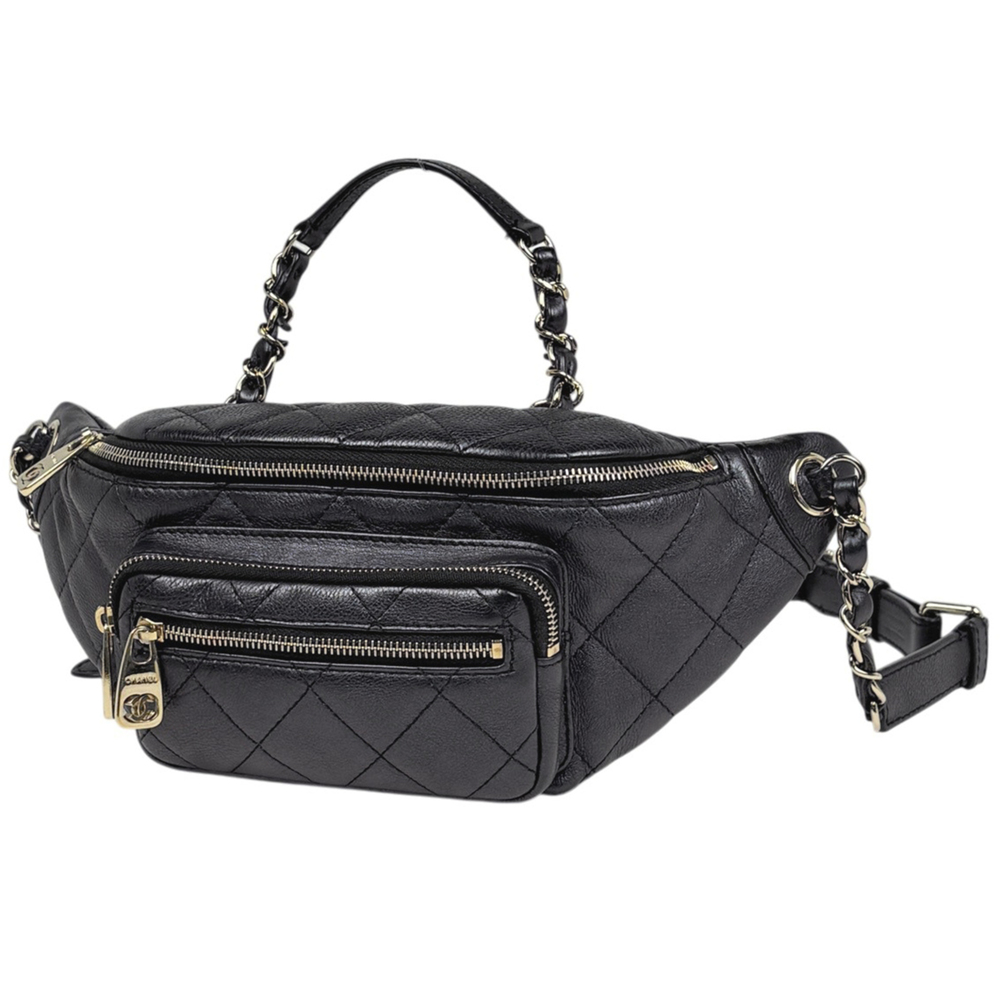 Chanel Coco Mark Body Bag Matelassé Waist Caviar Leather Black Women's